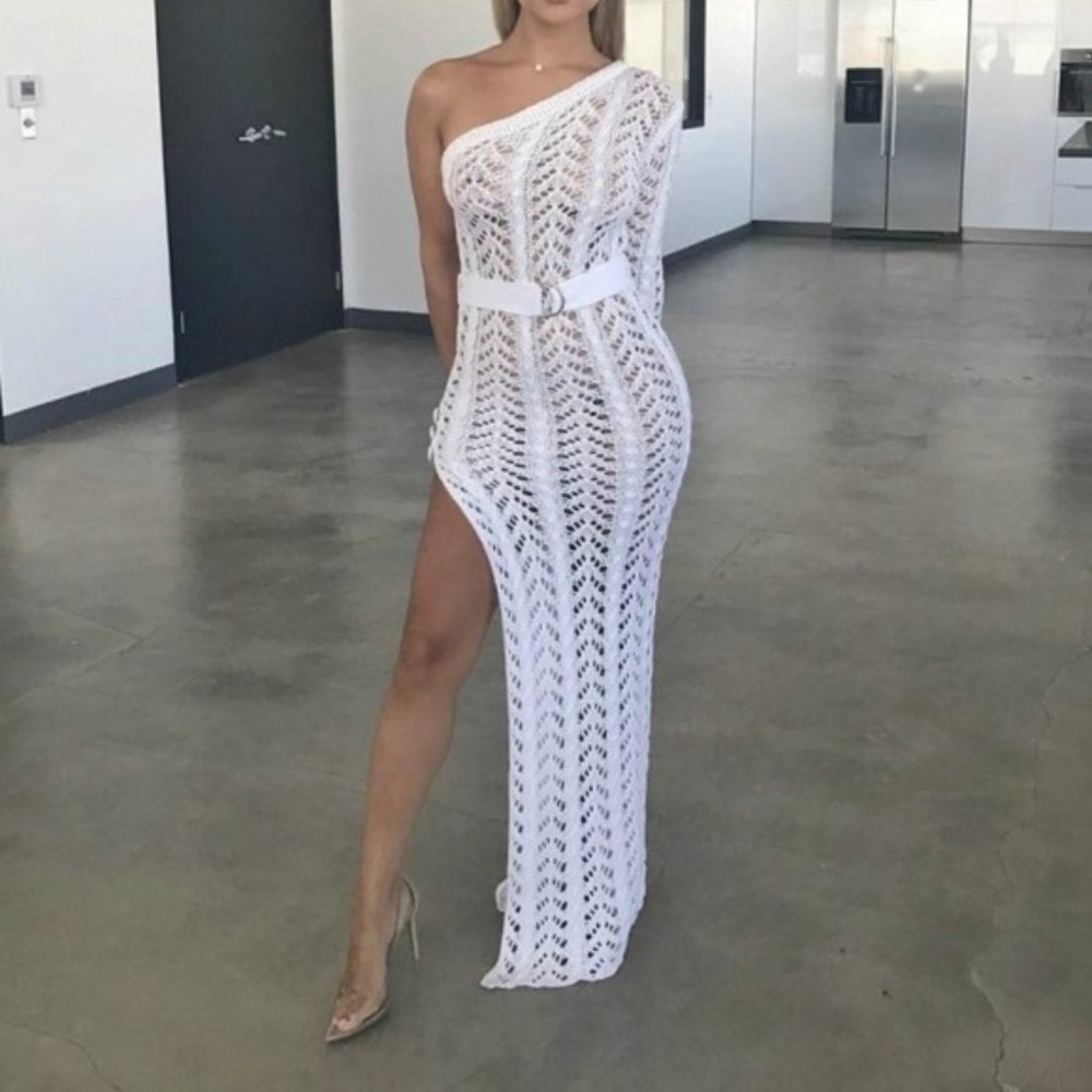 One-Shoulder White Crochet Maxi Dress with Side Slit